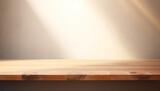 Empty minimal natural wooden table counter podium. beautiful wood grain in sunlight