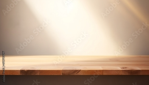 Empty minimal natural wooden table counter podium. beautiful wood grain in sunlight photo