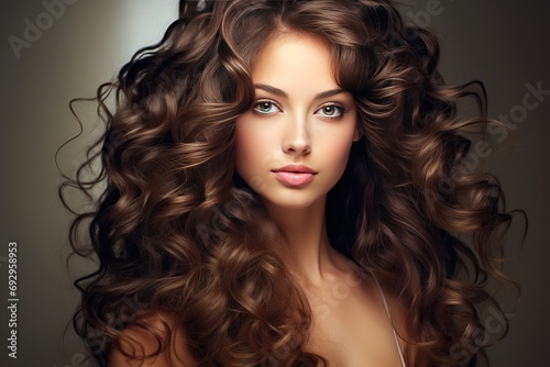hair curly long woman Brunette hairstyle wavy girl model Beautiful coiffure make-up face fashion make up cosmetic beauty shine hairdresser haircut brown coloration bright glamour clean shampoo