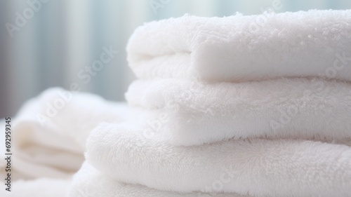 A stack of fresh white towels with a soft, fluffy texture