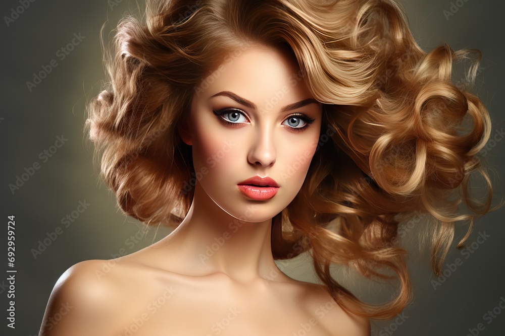 hair curly blond model Beautiful make-up coiffure face long make up curl fashion beauty skincare cosmetic lip lipstick wind nail finger art eyelash care parlour bright clean spa colours shampoo