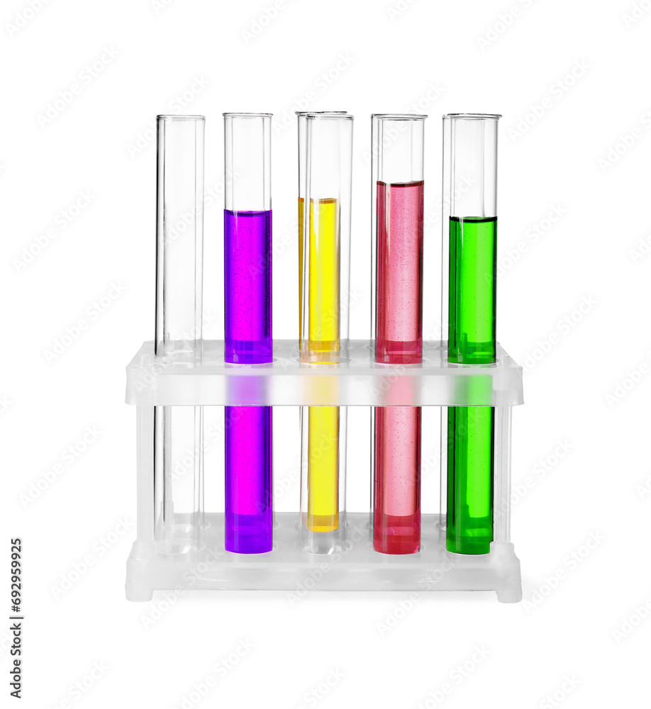 Test tubes with colorful liquids in stand isolated on white Test tubes with colorful liquids in stand isolated on white