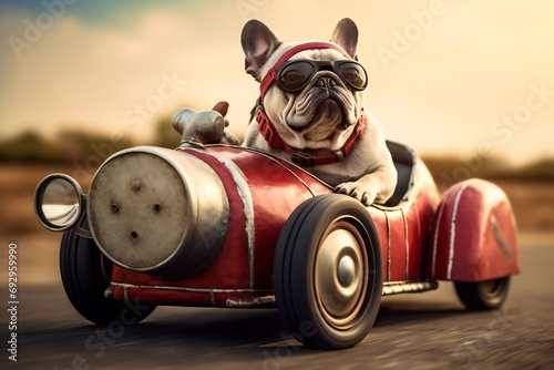 French bulldog in a red car. French bulldog with glasses on riding in a red pedal car photo