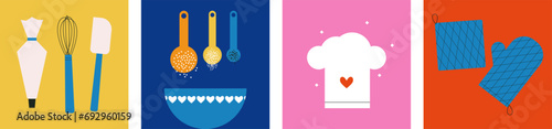 Kitchen utensils icon set. Collection of cooking food vector design elements. Kitchenware for cooking and baking. Pastry bag, icing. Spatula. Whisk. Flat vector illustration. Trendy abstract style. photo