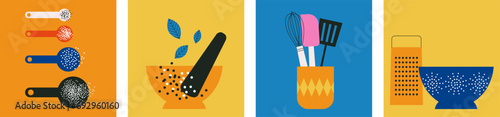 Kitchen utensils icon set. Collection of cooking food vector design elements. Kitchenware for cooking and baking. Measuring spoons. Jar with cutlery. Grater. Pasta colander. Flat vector illustration.