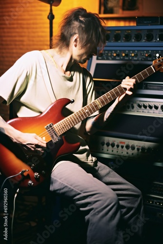 man recording new sounds at studio while playing electro guitar. vertical orientation