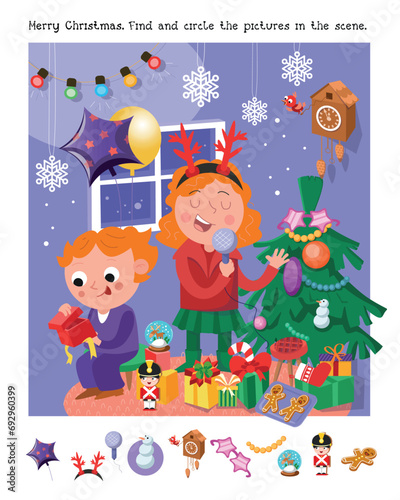 Find hidden objects in picture. Educational puzzle game for children. Cute boy and girl in Christmas costume singing a song. Funny characters. Vector illustration, scene for design. 