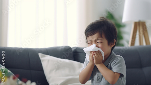 ティッシュで鼻をかむ男の子　Asian boy blowing his nose with tissue photo