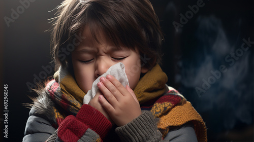 ティッシュで鼻をかむ男の子　Asian boy blowing his nose with tissue photo