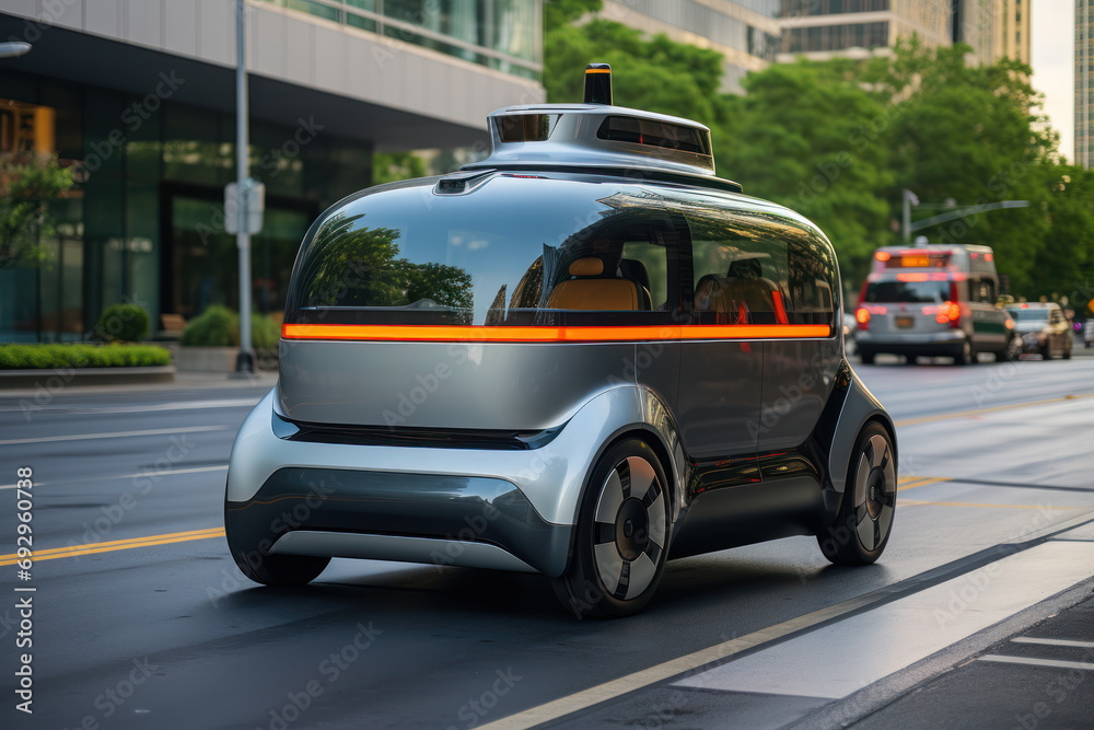 A self-driving car navigating through urban streets, exemplifying the intelligence and decision-making capabilities of autonomous vehicles. Concept of intelligent transportation. Generative Ai.