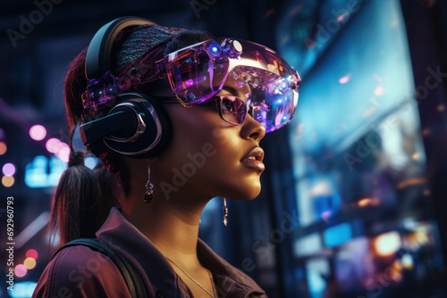An AI-enhanced virtual reality experience, immersing users in a simulated environment and showcasing the entertainment applications of artificial intelligence. Generative Ai.