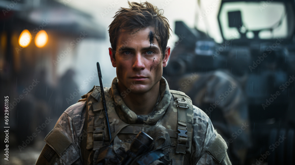 Fototapeta premium Portrait of a Soldier in a War. Generative AI