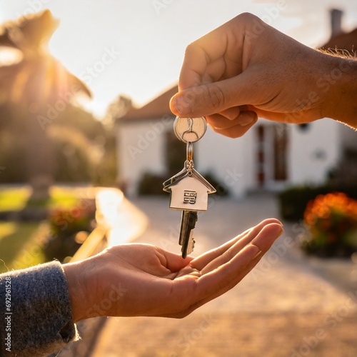 Entrega de llaves de nueva vivienda al atardecer photo