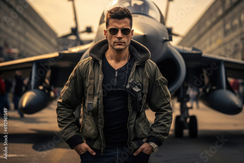 Military young pilot against the background of aircraft