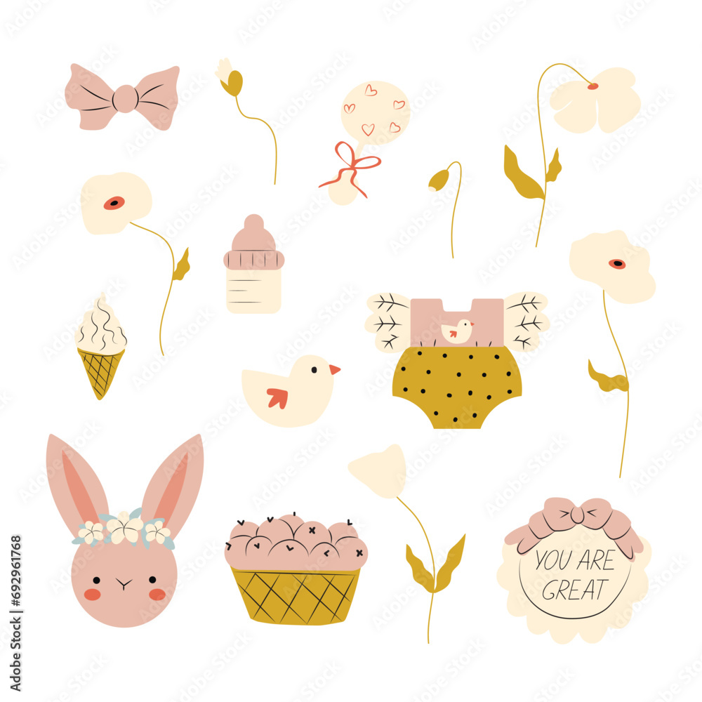 Baby clothing and flowers set in hand drawn style. Clothing for infant boy or girl. Baby clothing and flowers set in hand drawn style. Clothing for infant boy or girl.