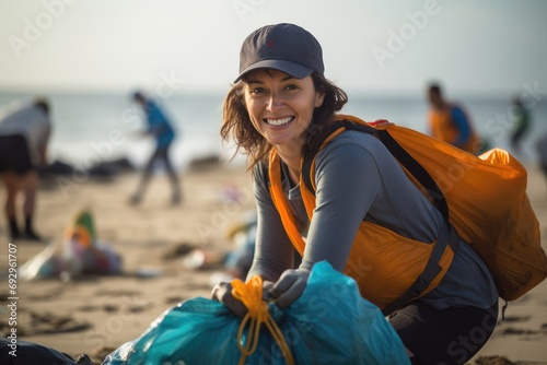 A female volunteer smiling, looking at the camera while picking up plastic litter on a beach © Andrey