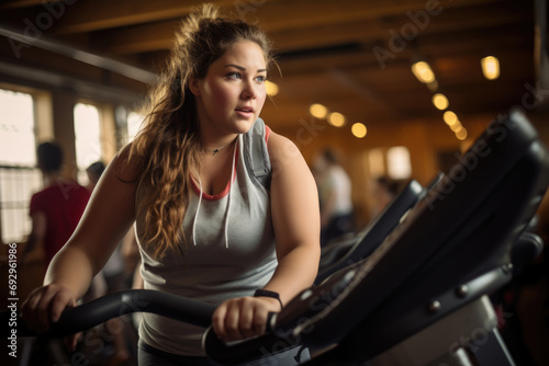 Young overweight woman working out in the gym
