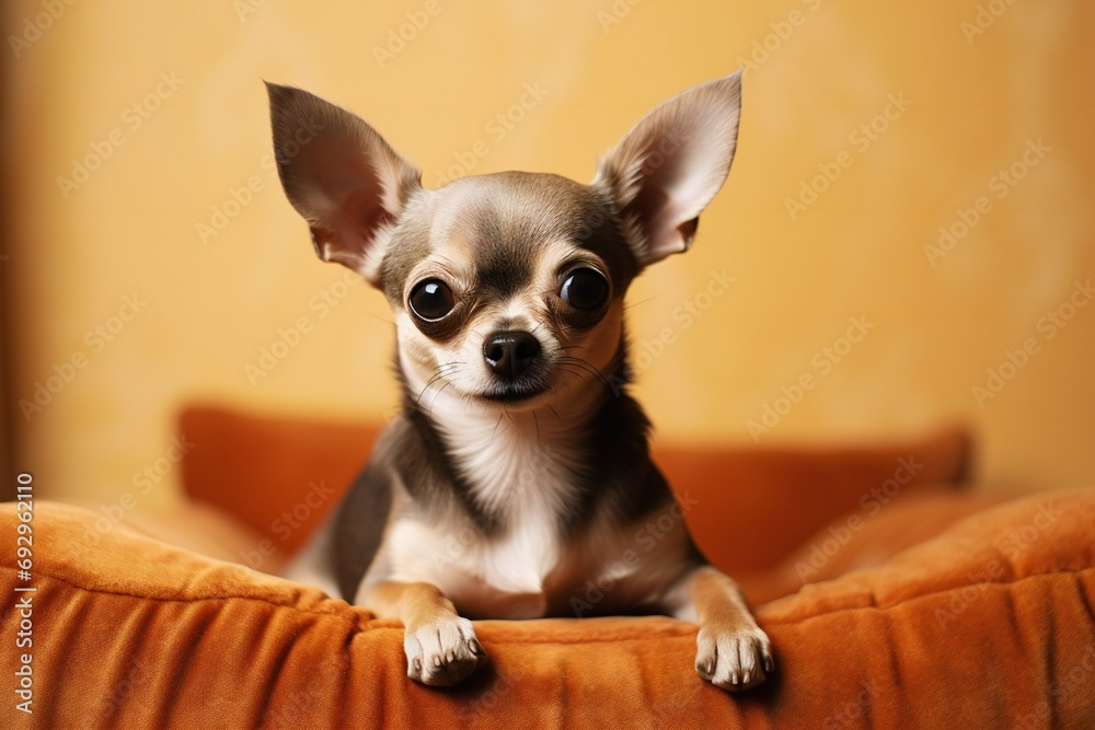 Cute chihuahua on an orange background. The dog looks at the camera.