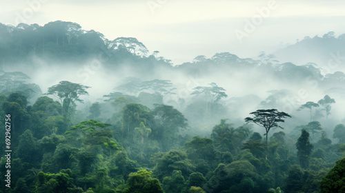 Panorama of the rainforest tree tops in the fog.