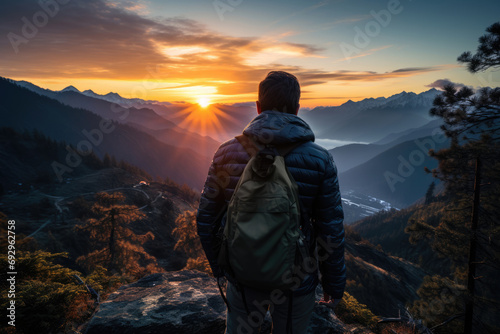 Hiker tourist young man with backpack on top of mountain, concept of success, travel