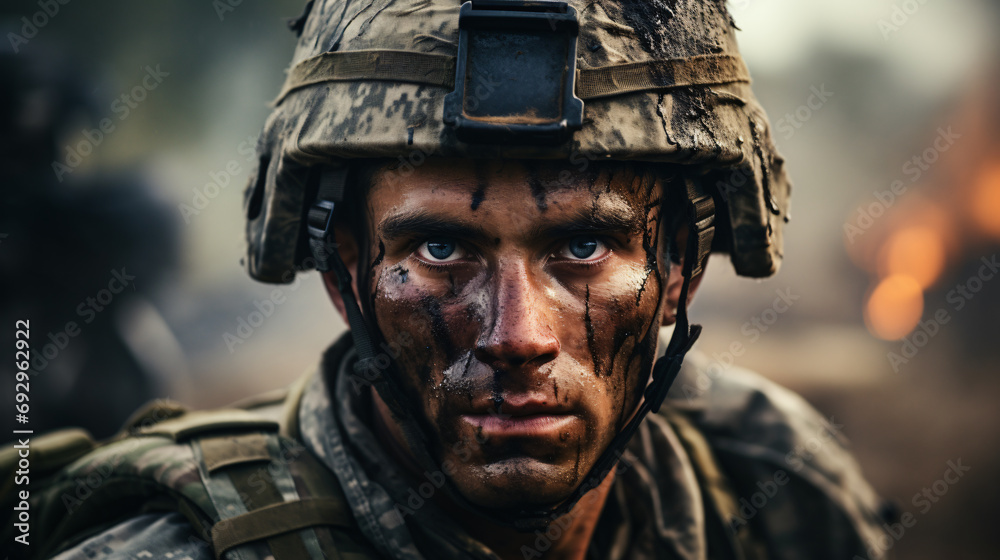 Fototapeta premium Portrait of a Soldier in a War. Generative AI