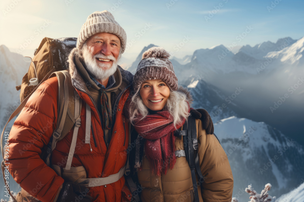 Senior couple of tourists in snowy mountains