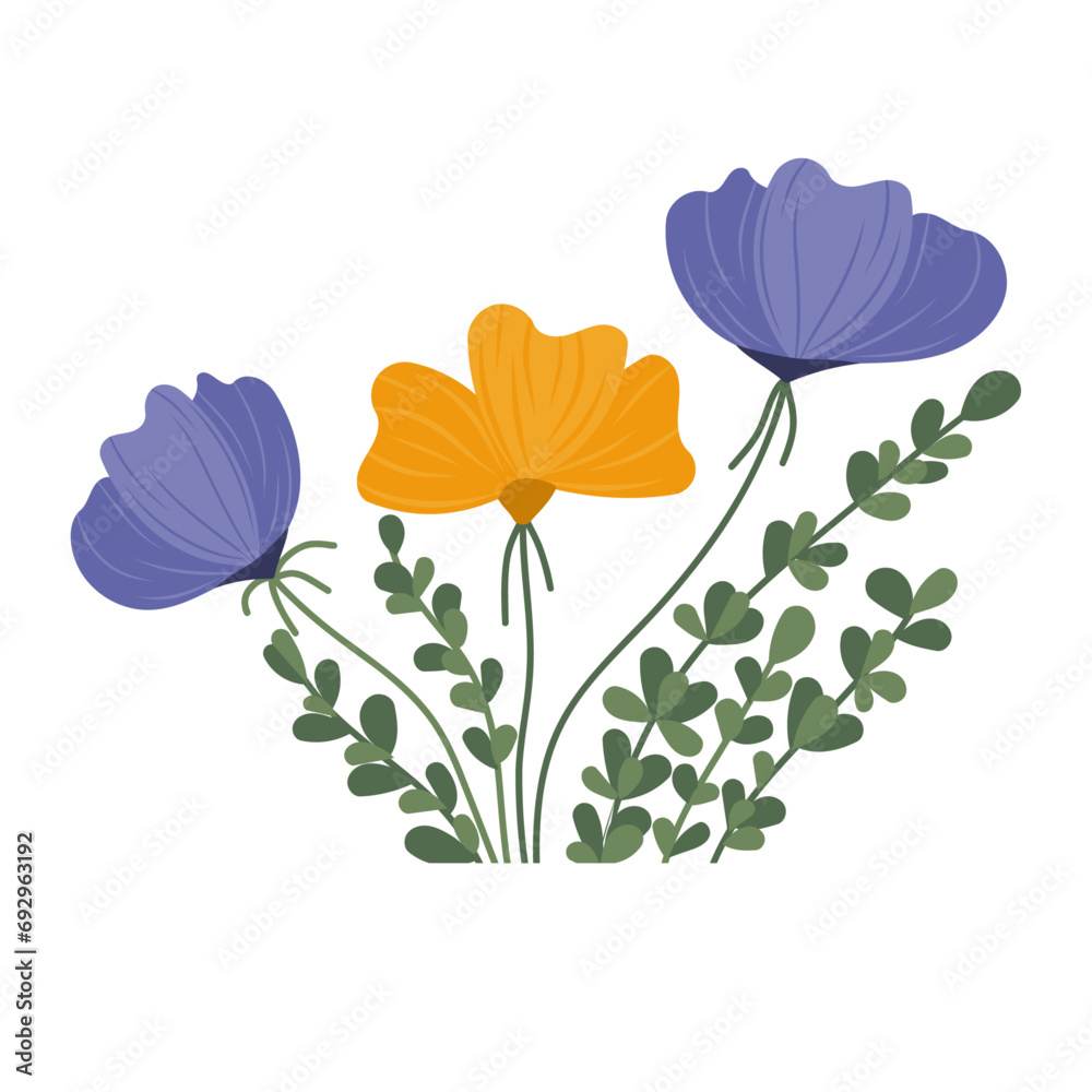 Floral vector illustration on isolated background. Cute purple and orange flowers, green leaves. For postcards, invitations, seasonal design.
