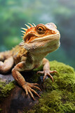 Bearded dragon on the stones with moss. Bearded Dragon Hypo closeup. vertical orientation