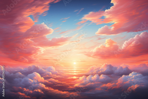 A vibrant sunrise painting the sky with hues of pink and orange, signaling the beginning of a new day. Concept of dawn's arrival. Generative Ai. © Sebastian