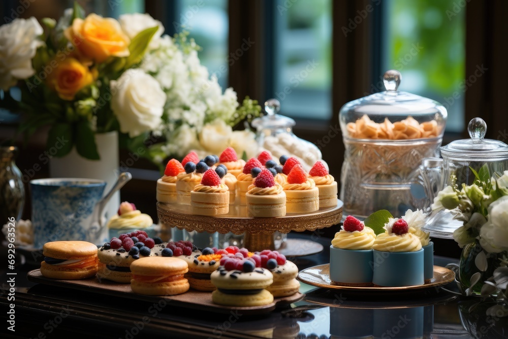 Elegant and refined French dessert display with a variety of delicate pastries, tarts, and confections, a sophisticated and indulgent scene