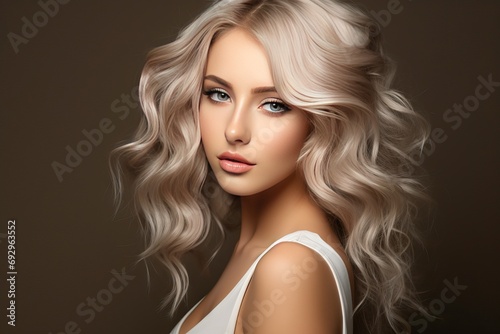 makeup cosmetics Fashion salon beauty done curls hairstyle Stylish blond ultra coloring hair girl Beautiful coiffure curly curl cosmetic beautician parlour bright colours coloration colouring