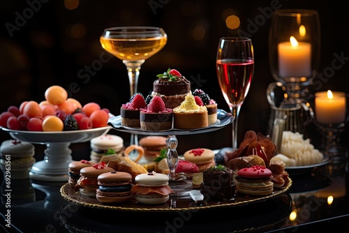 Elegant and refined French dessert display with a variety of delicate pastries, tarts, and confections, a sophisticated and indulgent scene