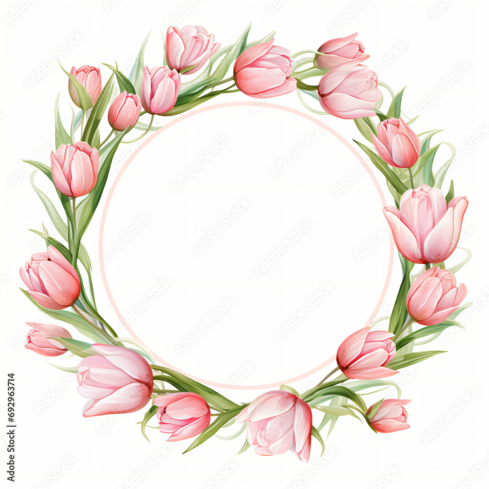 Round frame with pink tulips greeting card