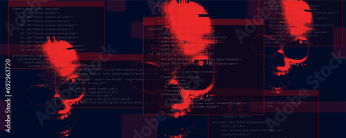 Hacked system or cyber attack. Glitched sign skull on programming code background. Vector illustration.