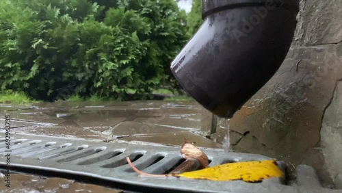 It's raining, water's coming off the roof through the pipe.