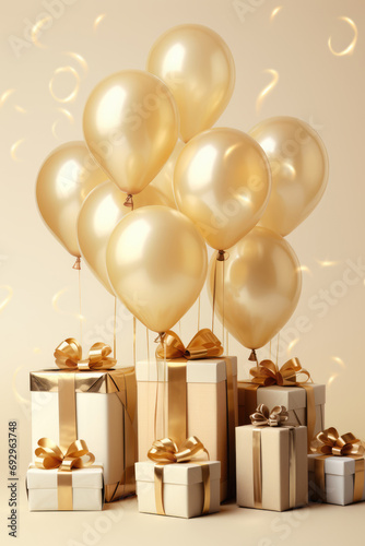 Wrapped giftboxes and balloons on golden background