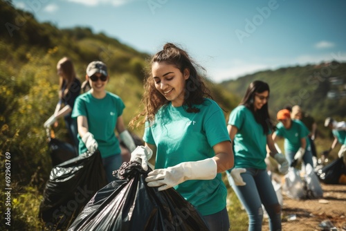 A team of young and diverse volunteers joyfully participating in charitable social work, focusing on cleaning up garbage and contributing to a waste separation project