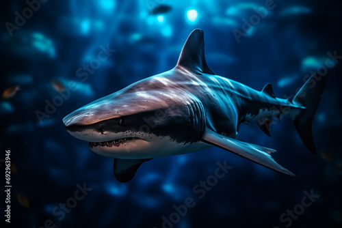 A huge, shadowy shark lurking in the depths of a dark, mysterious ocean