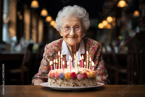 Senior woman old lady celebrating birthday with cake with candles photo