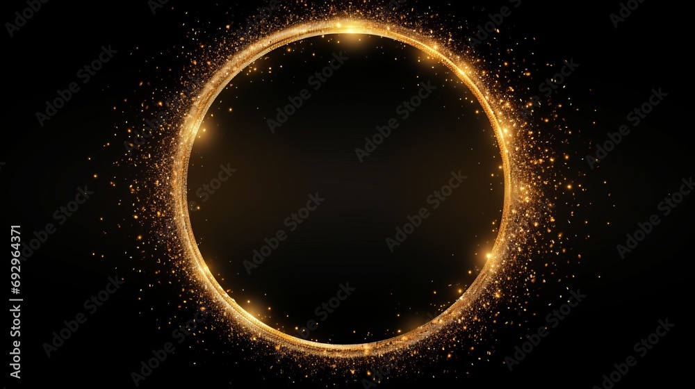 golden frame with a golden glittering ring isolated on a black background. - obrazy, fototapety, plakaty 