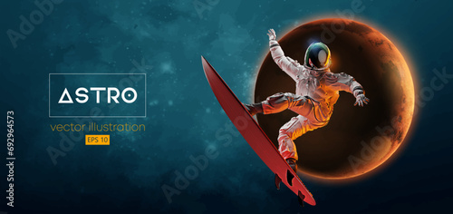 Abstract silhouette of a surfer, astronaut in space action and Earth, Mars, planets on the background of the space. Vector 3d render illustration