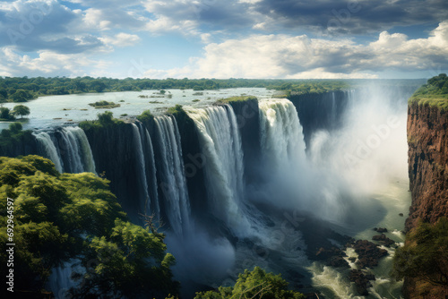 The majestic Victoria Falls cascading down with immense power, epitomizing the grandeur of African natural wonders. Concept of awe-inspiring waterfalls. Generative Ai.