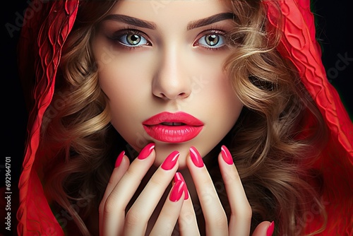 manicure crimson showing girl Beautiful make-up nail cosmetic jewellery pink wom Fototapet
