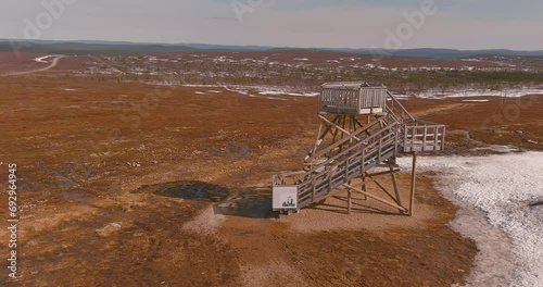 Aerial view of the new triangulation tower on the Kaunispää fell in spring, Saariselkä, Lapland, Finland. photo