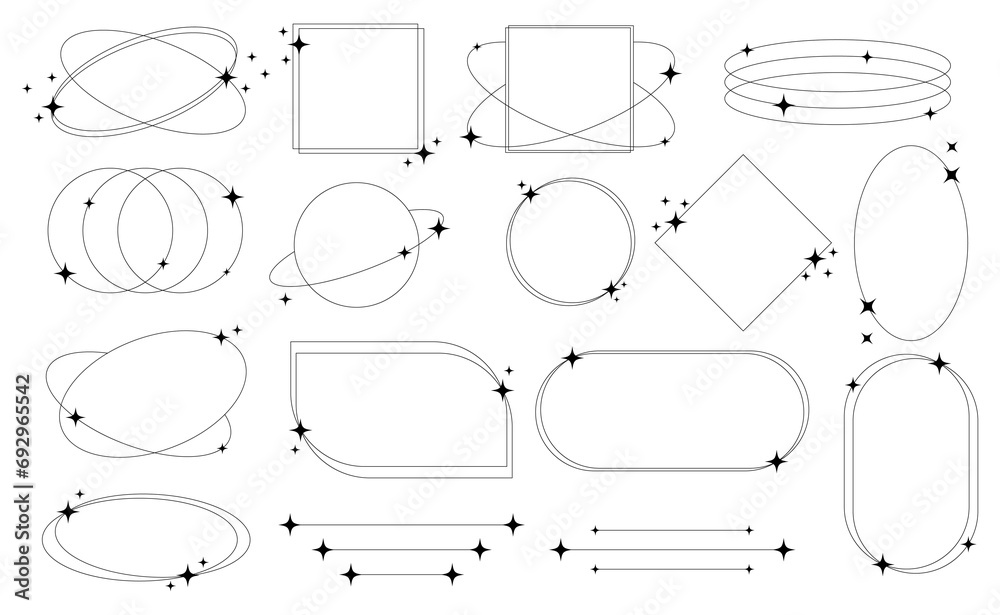 Fototapeta premium Set of geometric aesthetic abstract line frames and shapes with stars boho, brutalism, Y2K style. Geometric elements with sparkles for template design social media, poster, banner, logo, stickers