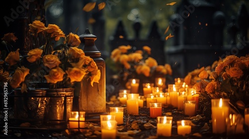 The graveyard is decorated for All Saints Day with plenty of lit candles and yellow marigold flowers. © Suleyman