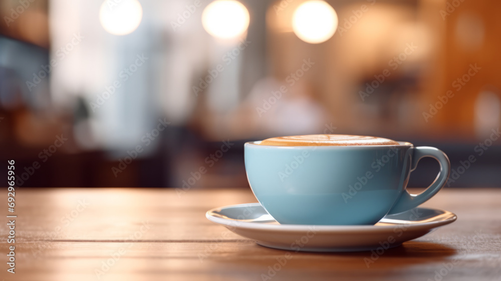 Coffee Cup on table Cafe shop Interior Blur background