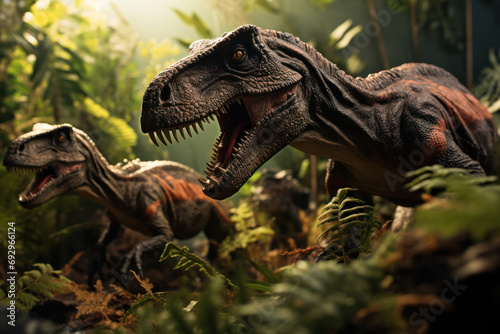 A diorama featuring a pack of velociraptors in a hunting scene, illustrating the behavior and social dynamics of these iconic dinosaurs. Generative Ai. © Sebastian