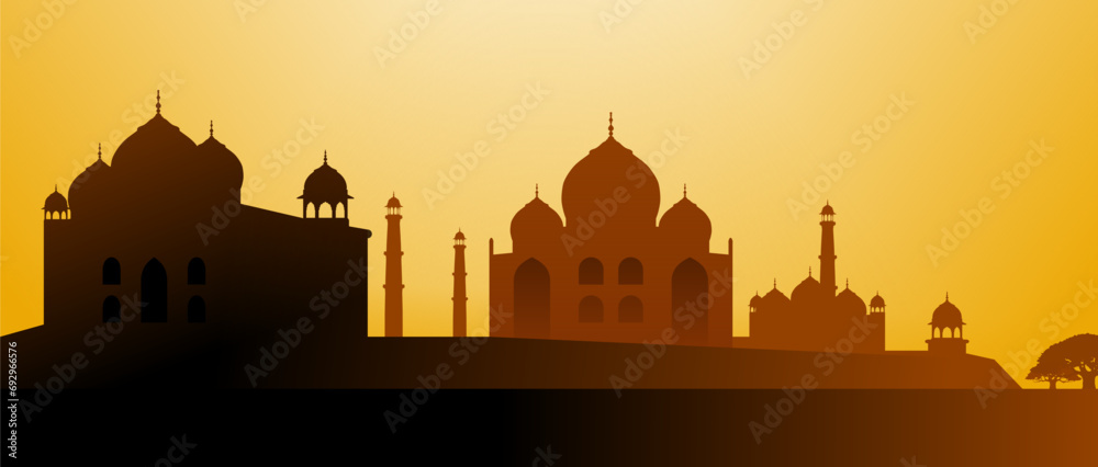 The silhouette of the mosque. Panoramic view of the sunset in India