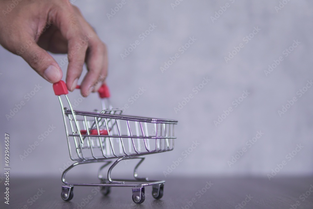 Closeup image of hand push empty shopping cart. Copy space. Business, consumerism and shopping concept Closeup image of hand push empty shopping cart. Copy space. Business, consumerism and shopping concept